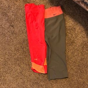 Two pairs of small workout capris. Neon colors. Under armor and Nike.